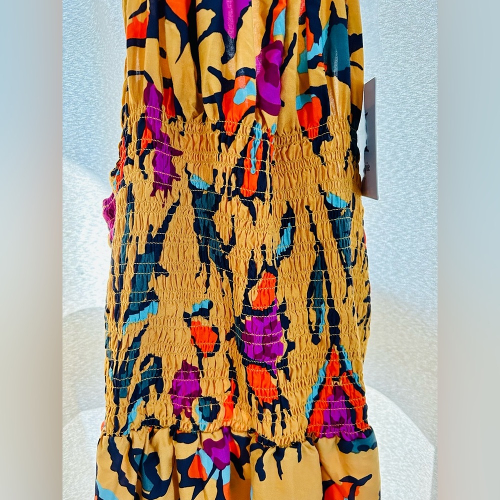 new haute hippie top medium colorful sleeveless smocked bold art peplum yellow